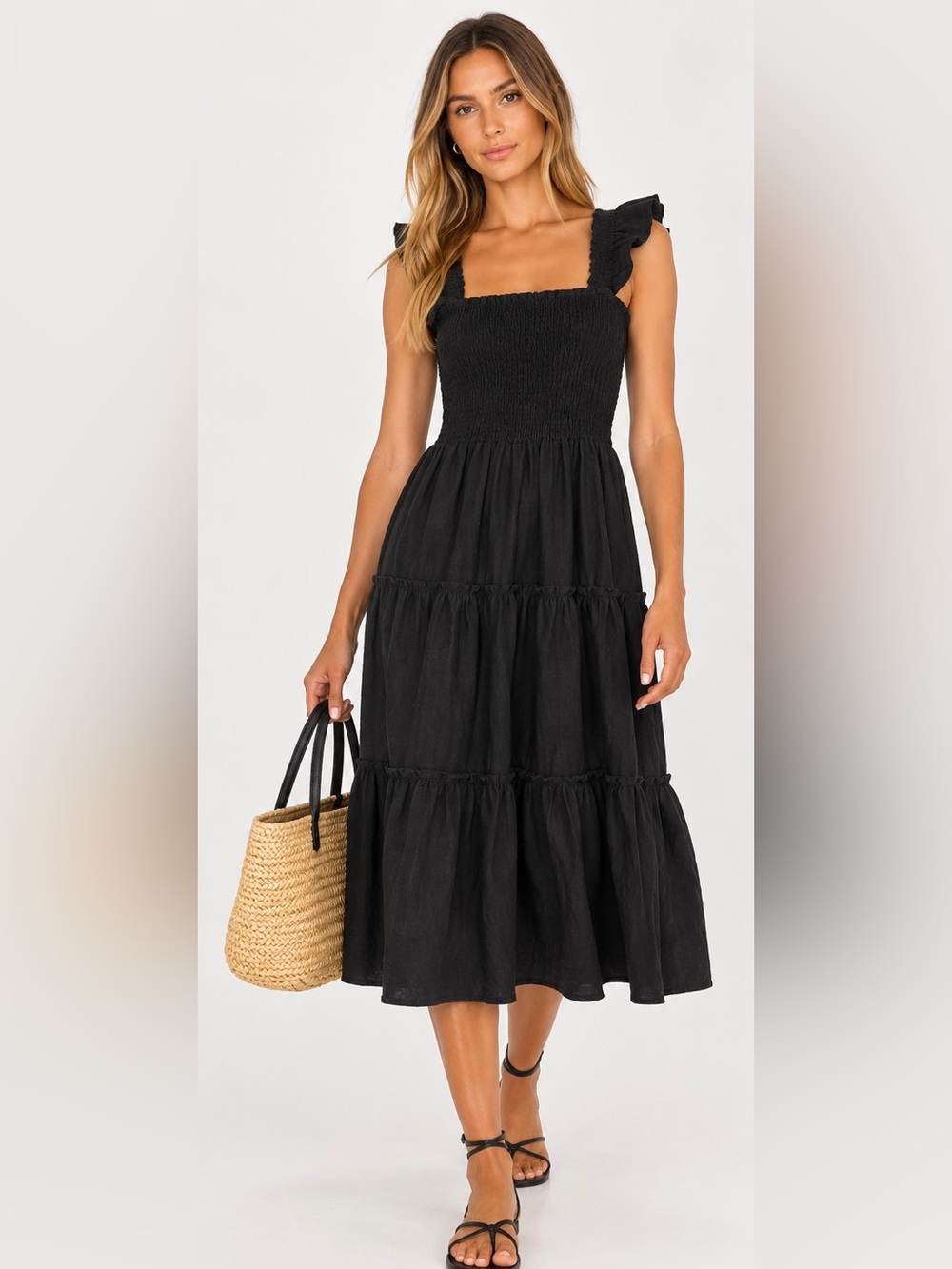 Saks Fifth Avenue Black Linen Smocked Ruffle Tiered Midi Dress